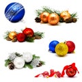 Collection of photos christmas decoration gold red blue silver balls with fir cones and fir tree branches isolated Royalty Free Stock Photo