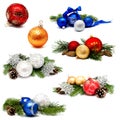 Collection of photos christmas decoration gold red blue silver balls with fir cones and fir tree branches isolated Royalty Free Stock Photo