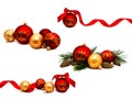 Collection of photos Christmas decoration golden yellow and red balls with ribbon fir cones and fir tree branches isolated Royalty Free Stock Photo