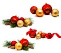 Collection of photos Christmas decoration golden yellow and red balls with ribbon fir cones and fir tree branches isolated Royalty Free Stock Photo