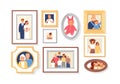 Collection of photos of family members or relatives and events in frames. Bundle of framed wall pictures or photographs