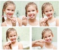 Collection of photos smiling cute little girl brushing teeth Royalty Free Stock Photo