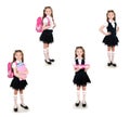 Collection of photos smiling schoolgirl in uniform with backpack