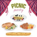 Collection of picnic food. Grilled meat, fish, vegetables, baguette, cake with blueberry and raspberry. Isolated elements