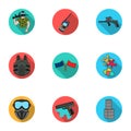 A collection of pictures about the game in paintball. The balloons with paint.Paintball icon in set collection on flat Royalty Free Stock Photo