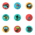 A collection of pictures about the game in paintball. The balloons with paint.Paintball icon in set collection on flat Royalty Free Stock Photo