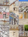 Collection of pictures about old reinforced cracked concrete structure with damaged and rusty metallic reinforcement bars Royalty Free Stock Photo