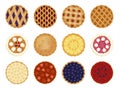 Collection of pies top view vector flat illustration. Set of various whole fresh baking sweet cakes