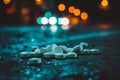 A collection of pills discarded on the side of a road, highlighting the issue of proper medication disposal, The contrast between