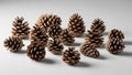 A collection of pine cones scattered on a smooth, light gray surface Royalty Free Stock Photo