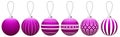 Collection of pink glass Christmas balls with a pattern hanging on a thread. Royalty Free Stock Photo