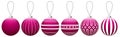 Collection of pink glass Christmas balls with a pattern hanging on a thread isolated on a white background. Royalty Free Stock Photo