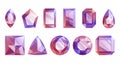 collection of pink and purple faceted gemstones in various shapes. Vector set of isolated jewelry, cartoon brilliants