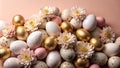 A collection of pink, white, and gold Easter eggs with white flowers on a pink background Royalty Free Stock Photo