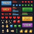 Pixel art game interface elements including buttons, health bars, hearts, and gems Royalty Free Stock Photo