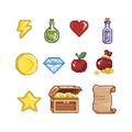 Collection of pixelated game items. Vector illustration decorative design