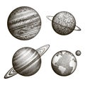 Collection of planets in solar system. Engraving style. Vintage elegant science set. Sacred geometry, magic, esoteric Royalty Free Stock Photo