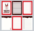 Collection planner 2023 with cute rabbit with gift and isolated pages, notes, organizer, list, sticker control and to do