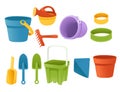 Collection of plastic toys bucket rake and shovel playing in sandbox or beach vector illustration on white background Royalty Free Stock Photo