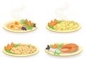 Collection. On a plate, a shin of chicken meat, a steak of salmon. Garnish fried potatoes, mushrooms, onions, lemon, tomato,