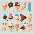 Collection of playful and bright icon illustrations showcasing various ice cream flavors and toppings