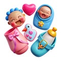 A collection of playful 3d rendered baby items and smiling newborns Royalty Free Stock Photo