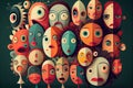 collection of playful, whimsical faces with exaggerated features and patterns