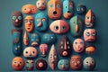 collection of playful, whimsical faces with exaggerated features and patterns