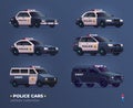 Collection of police cars of various types. City urban police car, van, suv, pursuit and swat truck