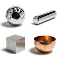 Collection of polished metal objects displaying geometric shapes Royalty Free Stock Photo