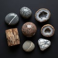 Collection of polished stones and minerals displayed on a black Royalty Free Stock Photo