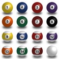 Collection of pool balls, snooker ball on white background with shadow