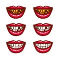 A collection of pop art icons of red female lips - smiling, with missing teeth, with spoiled teeth