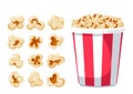 Collection Of Popcorn Seeds In Different Shapes, Fluffy And Tasty Treat Set of Elements and Paper Bucket with Pop Corn