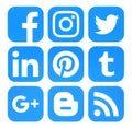 Collection of popular blue social media icons printed on paper