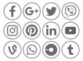 Collection of popular gray round social media icons with rim