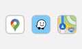 Collection of popular navigation application icons: Google Maps, Waze, Apple Maps. Illustrative editorial use