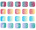 Collection of popular round social media logos printed on paper:Facebook, Twitter, Google Plus, Instagram, and Youtube