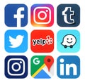 Collection of popular social media, travel and navigation logos Royalty Free Stock Photo
