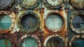 A collection of portholes each with a unique pattern of dents and dings. Some bear remnants of old paint while others