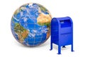 Collection post box with Earth Globe. International Postal Service concept. 3D rendering