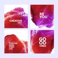 Collection of post template with abstract watercolor shapes. Set of colorful pink and red ink illustrated squares with text. Royalty Free Stock Photo