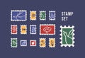 Collection of postage stamps with animals, birds, flowers and fruits isolated on dark background. Philately set. Bundle