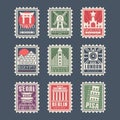 Collection of postage stamps, cities of the world, vector Illustrations, city stamps with symbols