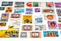 collection of Postage stamps from different countries and times background on a white background, old vintage retro Royalty Free Stock Photo