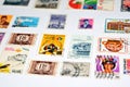 collection of Postage stamps from different countries and times background on a white background, old vintage retro Royalty Free Stock Photo