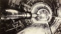 A collection of postcards with images of different particle accelerators and detectors from around the world great for