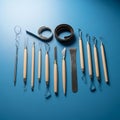 A collection of pottery and sculpting tools is arranged on a blue surface Royalty Free Stock Photo