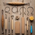 A collection of pottery and sculpting tools arranged on a wooden surface Royalty Free Stock Photo