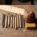 A collection of pottery tools rests on a wooden table. The set includes nine Royalty Free Stock Photo